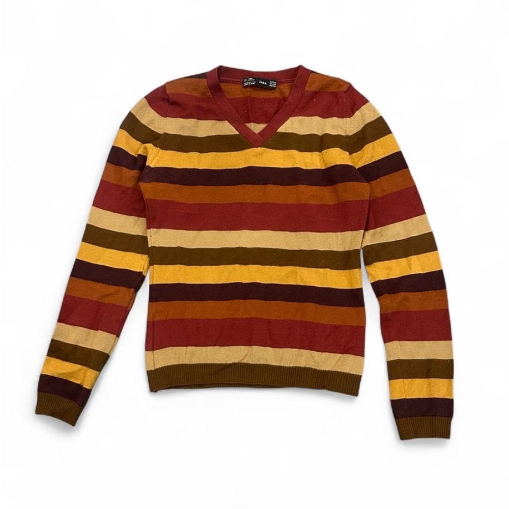 Zara V-Neck Striped Sweater in Rust, Mustard & Brown